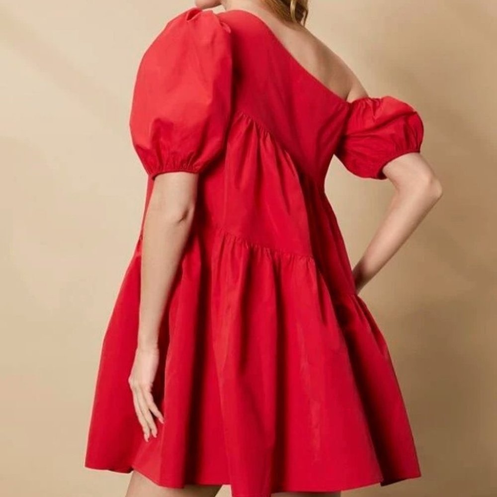 Puff Sleeve Ruffle Hem Asymmetrical Neck Smock Dress Red - Picture 6 of 8